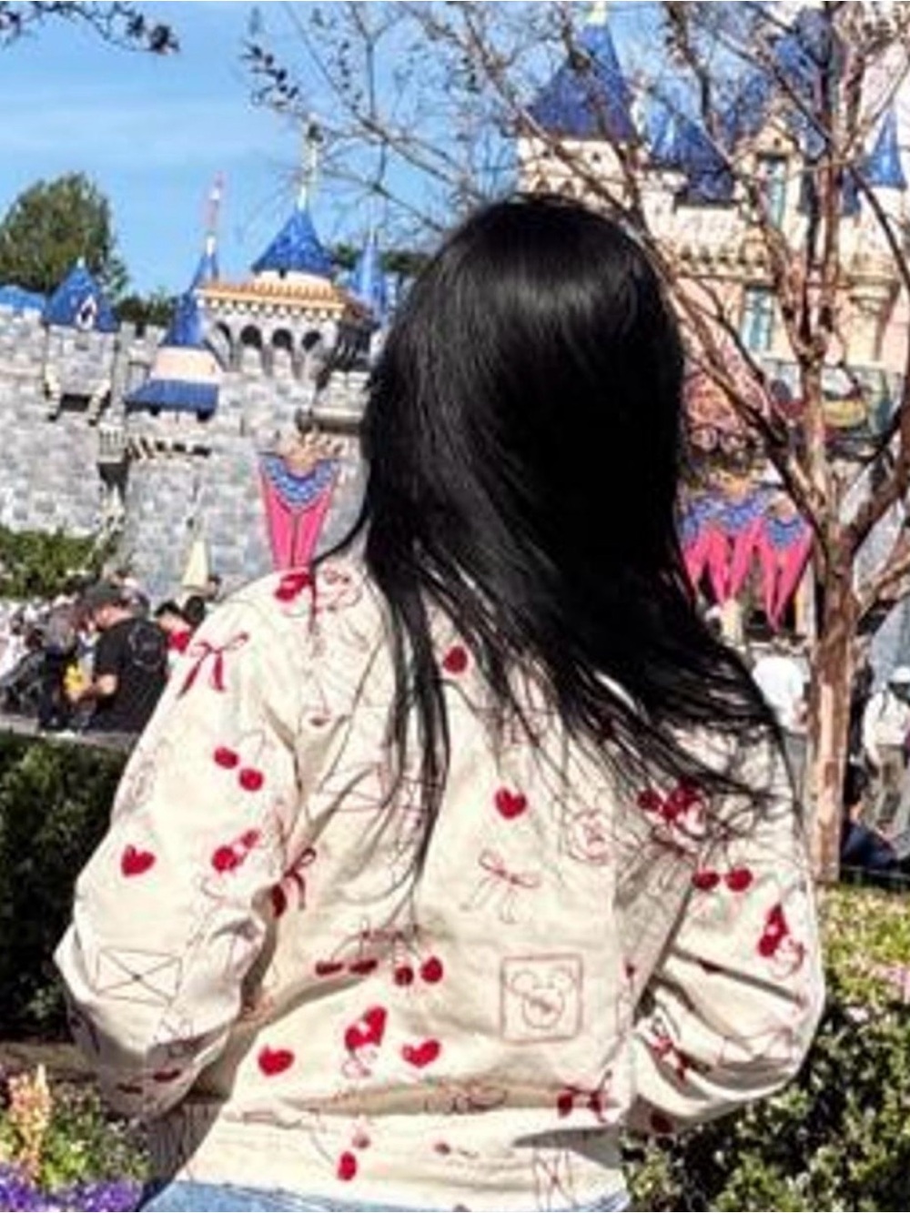 Disney Cream Jean Jacket with Red Heart & Cherry Print